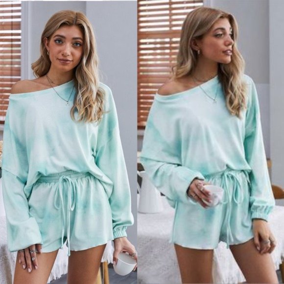 PopularTeez Pants - ON THE CLOUDS TIE DYE SWEATSHIRT SHORT SET-BLUE